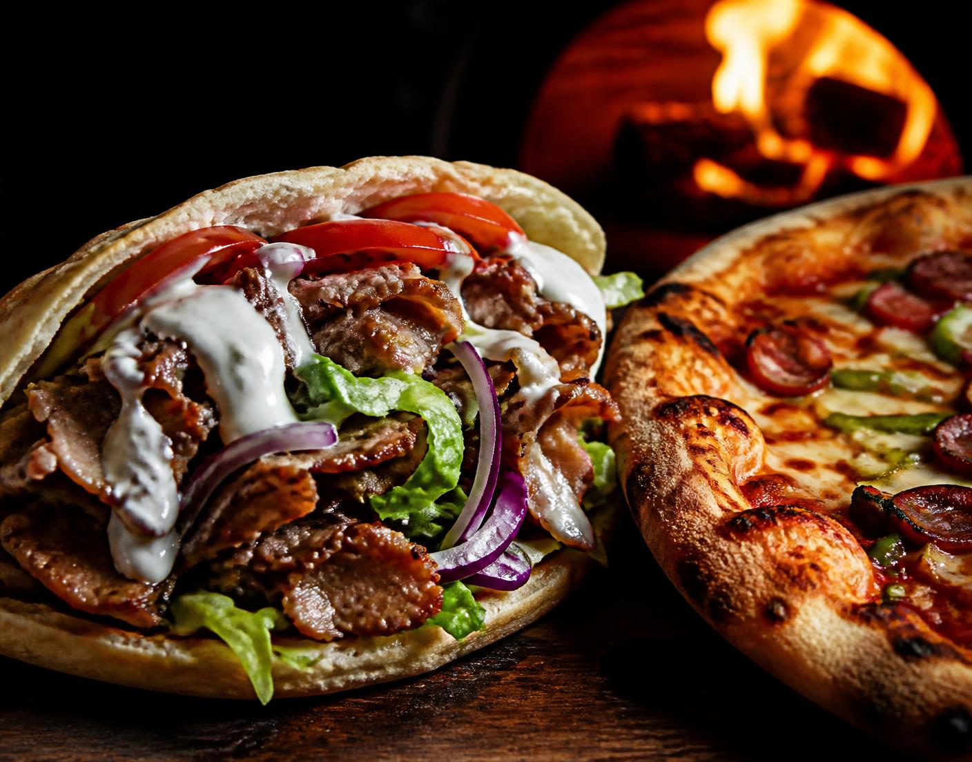 Kebab v pita chlebu a pizza z pece